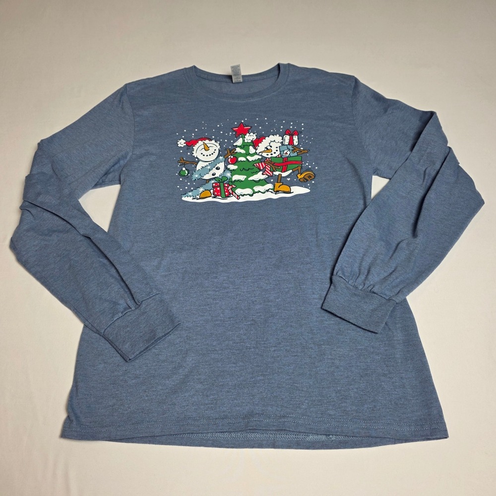 Jerzees Christmas Snowman Graphic Tee Women Small Blue Long‎ Sleeve Holiday Top